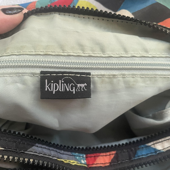 Kipling Crossbody Bag Multi Geometric Nylon Zip Pockets Monkey Keychain HB6141 - Picture 10 of 15